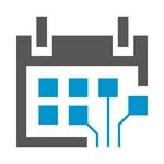 Planerio Logo – Symbol für intelligente Dienstplanung: Kalender-Icon mit vernetzten Elementen in Grau und Blau