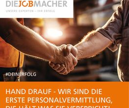 DIE JOBMACHER – Ihre erste Wahl für zuverlässige Personalvermittlung. Mit einem Handschlag versprechen wir Präzision und Partnerschaft, um Fachkräfte und Top-Unternehmen zusammenzuführen. Unser Motto 'Hand drauf' steht für unser Engagement und Vertrauen in jede Vermittlung. Verlassen Sie sich auf uns für eine Karriere, die hält, was sie verspricht. Wir gehen auf unsere Kunden ein und nehmen Sie an die Hand, um gemeinsam den passenden Job mit einer fairen Bezahlung zu finden.