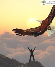 Siegerpose auf Berg mit Adler