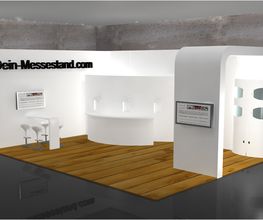 Exklusiver Messestand in weiß gehalten mit Dielenboden. Runde Empfangstheke, Stehtischmöbel und eine Vitrine für die Ausstellung der Exponate. Copyright: Dein Messestand