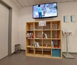 Holzregal mit Büchern. Darüber hängt ein TV, rechts steht ein Flyerständer, links ein Mülleimer.