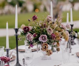 Floral arrangement in pink and purple tones