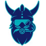 Barbarian Diving Tenerife logo featuring a Viking helmet with horns and a scuba diving mask, combined with a breathing regulator. The design uses blue and turquoise tones, symbolizing the ocean and adventure, representing strength, safety, and exploration under the sea.