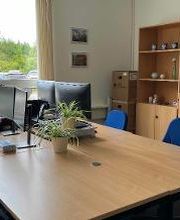 Ein Büro mit 2 Arbeitsplätzen bestehend aus jeweils 2 PC-Bildschirmen, Tastatur, Maus und kleinen Topfpflanzen. Im Hintergrund ein Schrank mit Regal sowie eine Pinnwand.