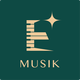 Elite Musik Ein modernes, minimalistisches Logo mit klaviertastenähnlicher E-Form und elegantem Sternsymbol.